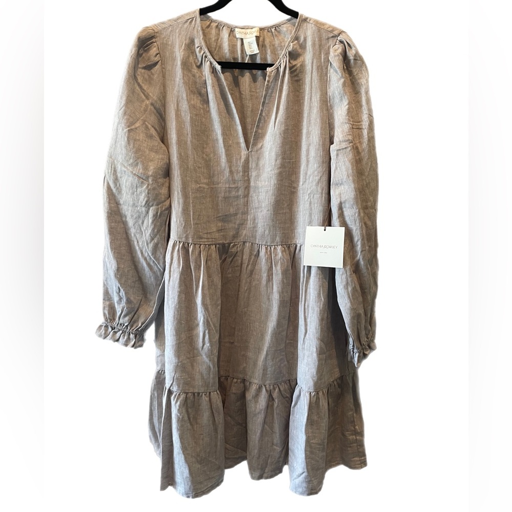 CYNTHIA ROWLEY Linen Blend Tiered Long Sleeve Midi Dress w Pockets Large | NWT